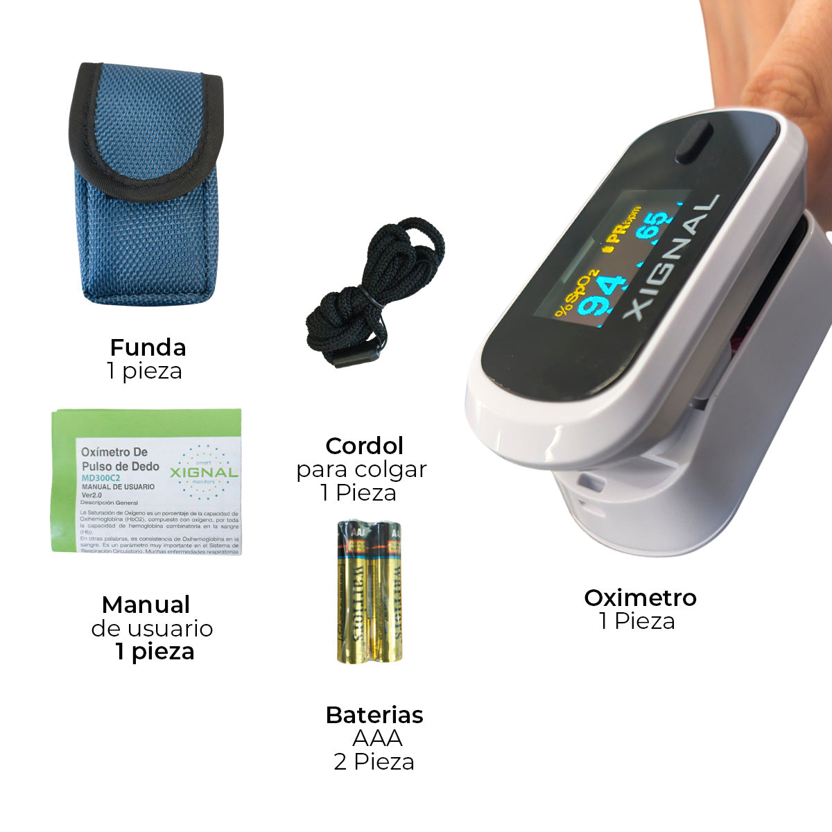 Oxímetro Digital de pulso para uso adulto y pediátrico, color gris/blanco - Marca Xignal
