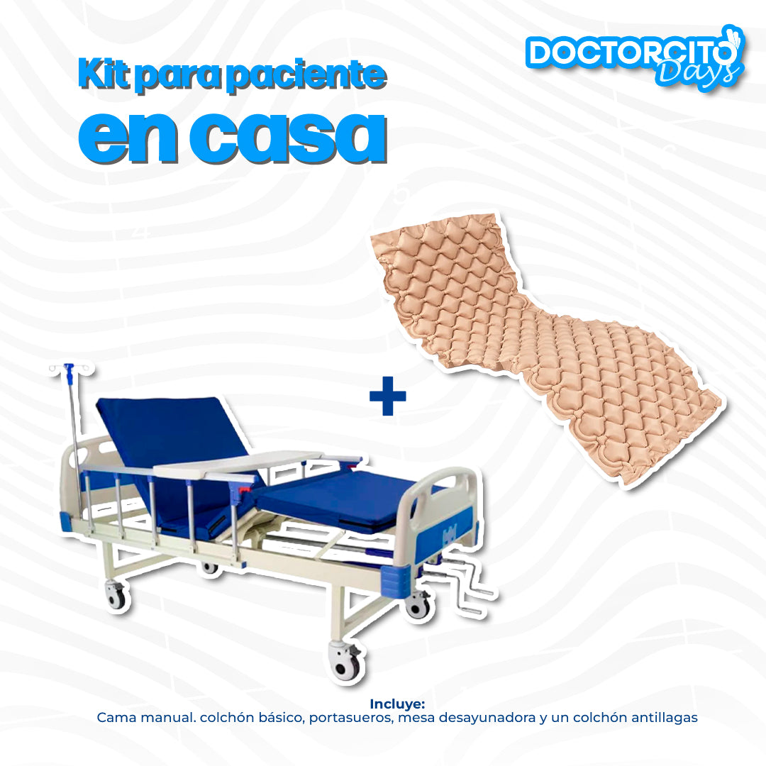 Cama hospitalaria con colchón, portasueros y mesa de alimentos + Colchon Antillagas | Marca Handy