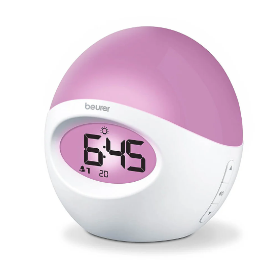 Reloj Despertador con luz de varios colores, cuenta con radio y conexión USB para reproducir música desde el celular Marca Beurer