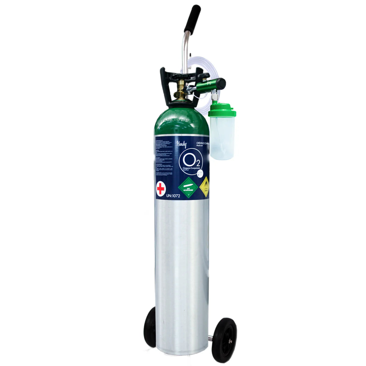 Tanque de oxígeno de 680 LTS, con accesorios, regulador, puntas nasales para adulto, vaso humidifcador y carro porta tanque - Marca Handy