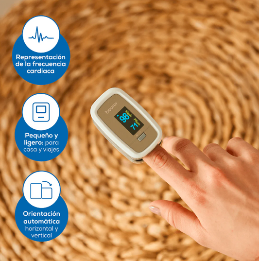 Oxímetro de pulso digital, mide oxígeno arterial y frecuencia cardiaca PO30 Marca Beurer