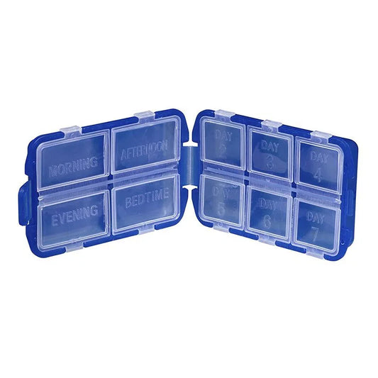 Pastillero organizador tipo caja con 10 compartimientos independientes, color azul - Marca Handy