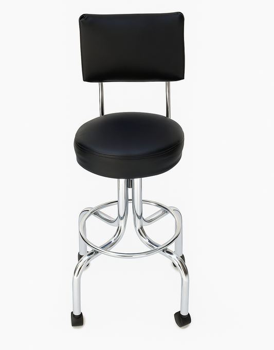 Banco Giratorio Cromado con Ruedas y Respaldo Tapizado