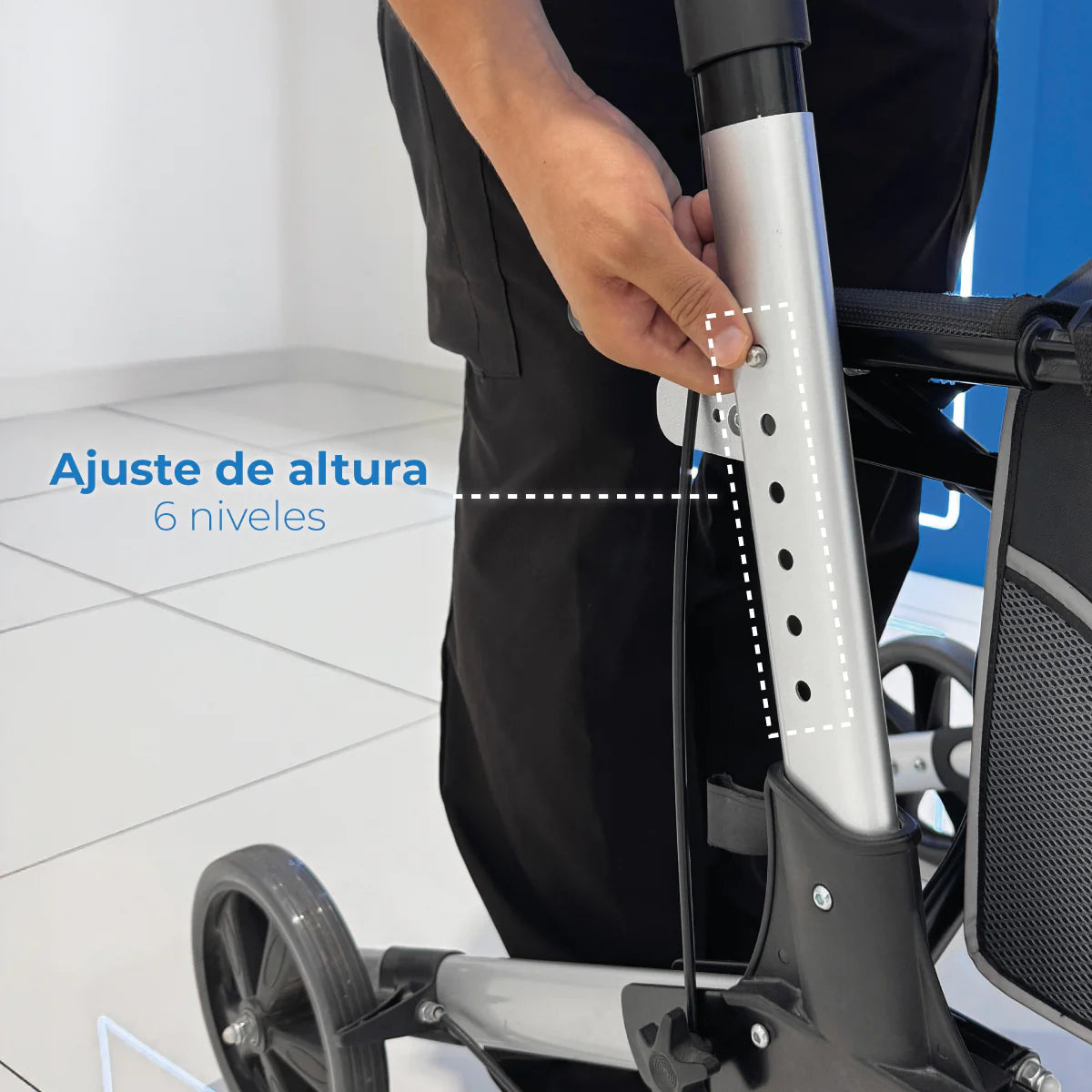 Andadera Plegable con Ruedas, Asiento y Respaldo, Porta Bastón y Ajuste de Altura / Marca Handy