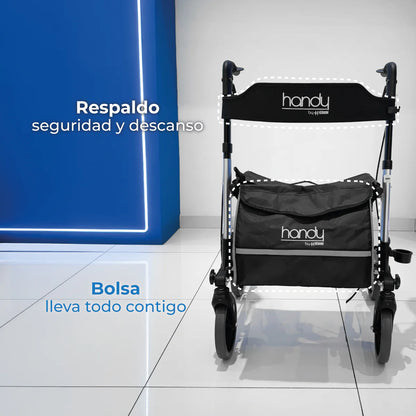 Andadera Plegable con Ruedas, Asiento y Respaldo, Porta Bastón y Ajuste de Altura / Marca Handy