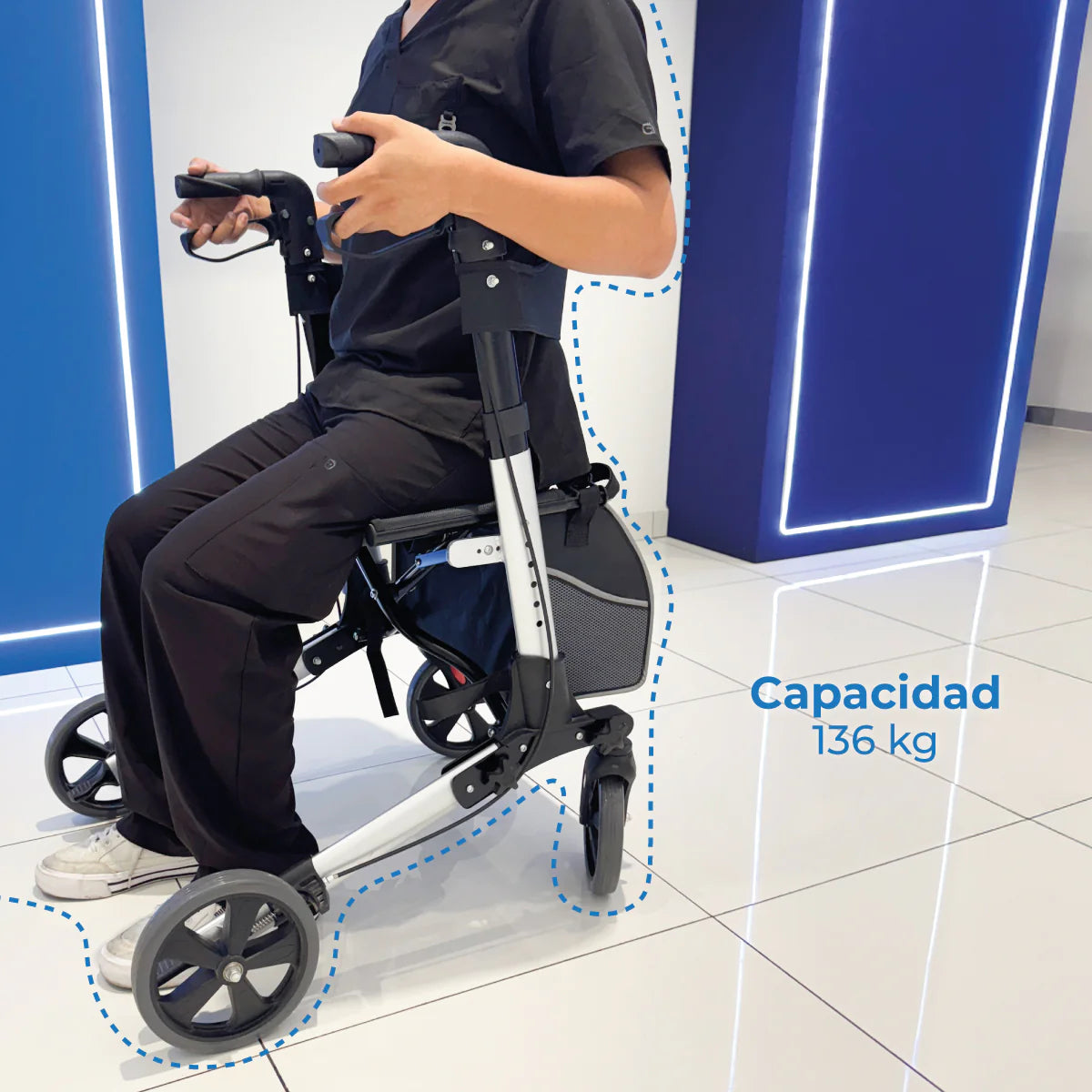 Andadera Plegable con Ruedas, Asiento y Respaldo, Porta Bastón y Ajuste de Altura / Marca Handy
