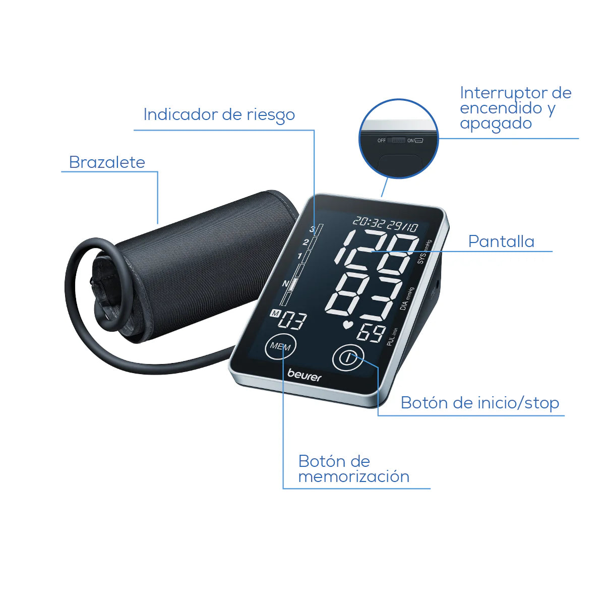Baumanómetro Digital de brazo BM58, medidor de presión arterial y de pulso de manera automática Marca Beurer