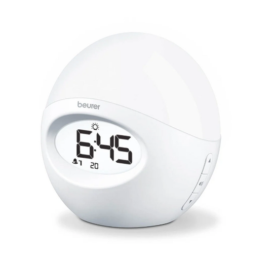 Reloj Despertador con luz de varios colores, cuenta con radio y conexión USB para reproducir música desde el celular Marca Beurer