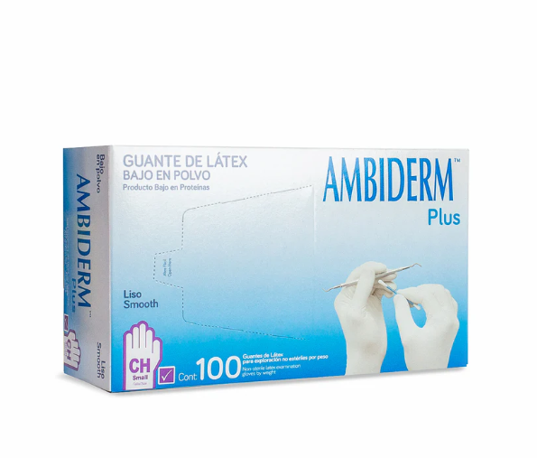 Ambiderm Guante de Látex Plus Liso Color Violeta | Caja con 100 Piezas No Estéril Bajo en Polvo Textura Sedosa y Lisa
