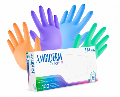 Ambiderm Guante De Látex Colorfull Talla Mediana | Caja con 100 Piezas Variedad de Colores