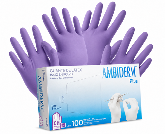 Ambiderm Guante de Látex Plus Liso Color Violeta | Caja con 100 Piezas No Estéril Bajo en Polvo Textura Sedosa y Lisa