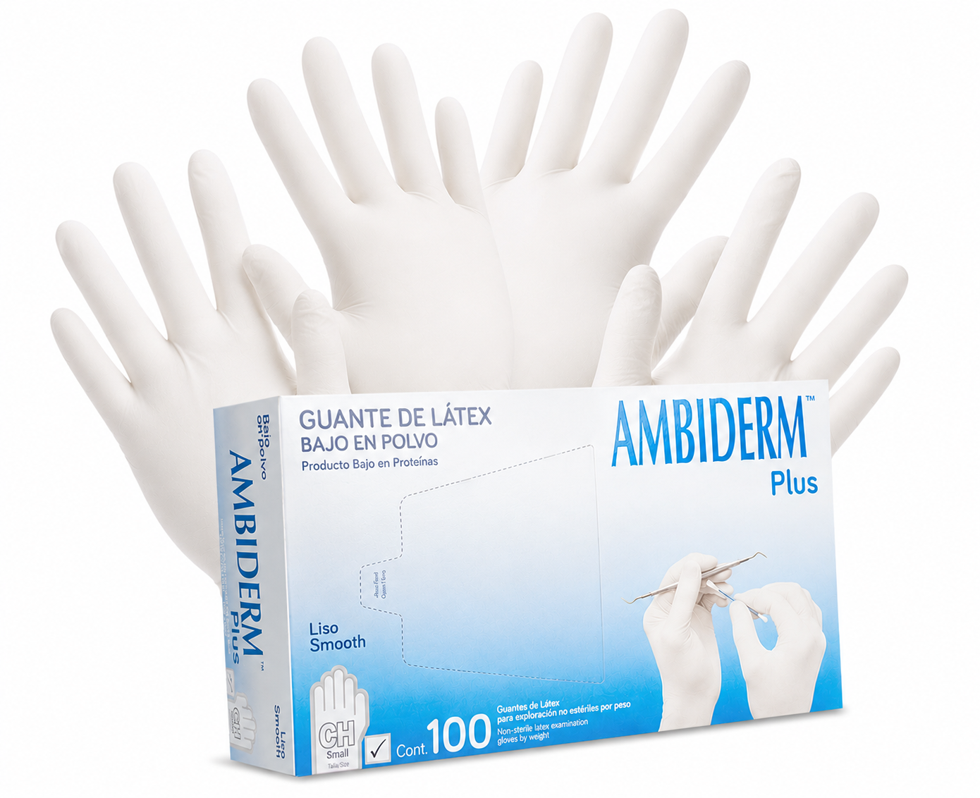 Ambiderm Guante de Látex Plus Liso Color Blanco | Caja con 100 Piezas No Estéril Bajo en Polvo Textura Sedosa y Lisa