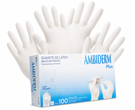 Ambiderm Guante de Látex Plus Liso Color Blanco | Caja con 100 Piezas No Estéril Bajo en Polvo Textura Sedosa y Lisa