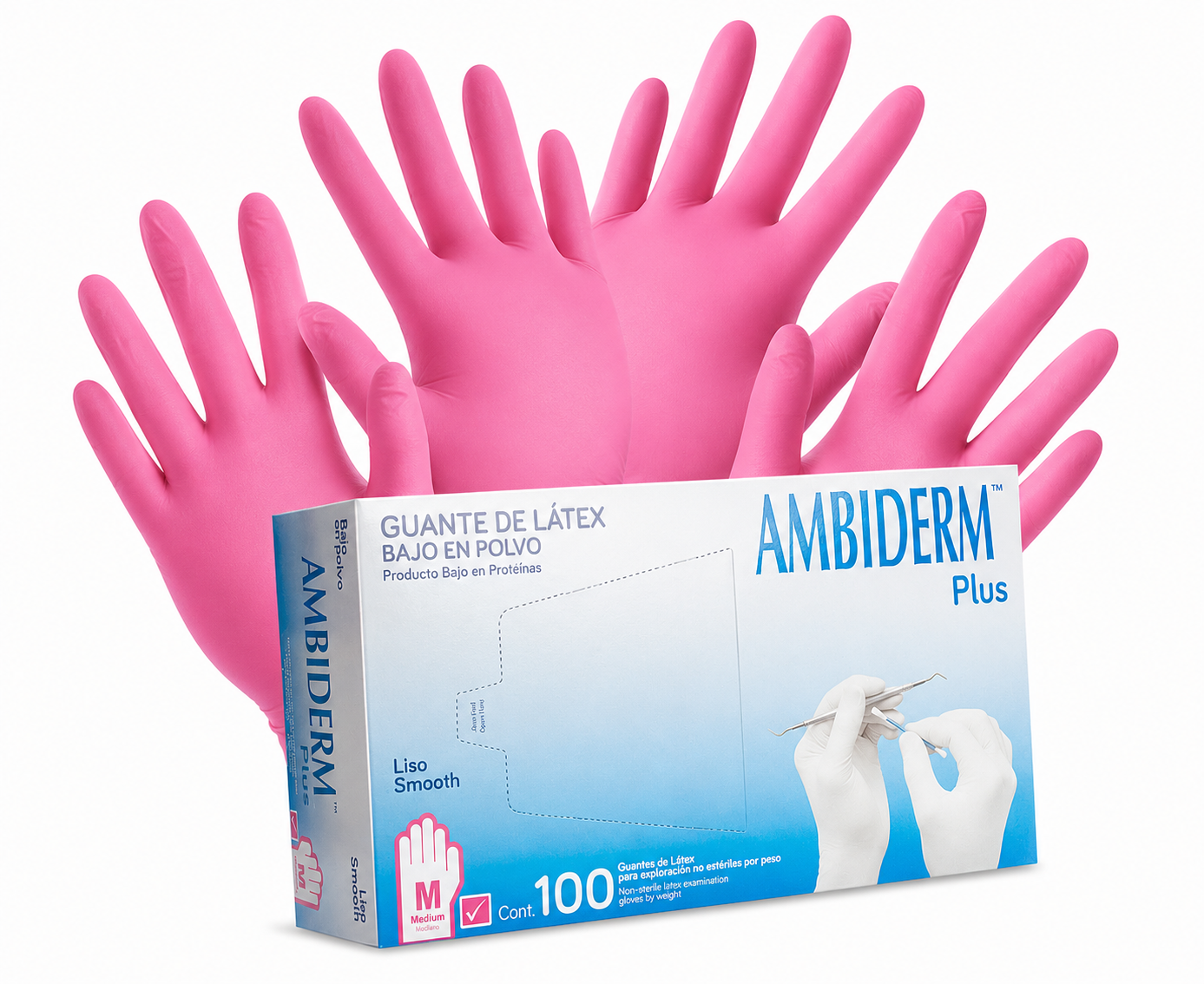 Ambiderm Guantes Plus Bajo en Polvo Color Rosa Mediano | Caja con 100 Piezas Ajuste Cómodo y Protección