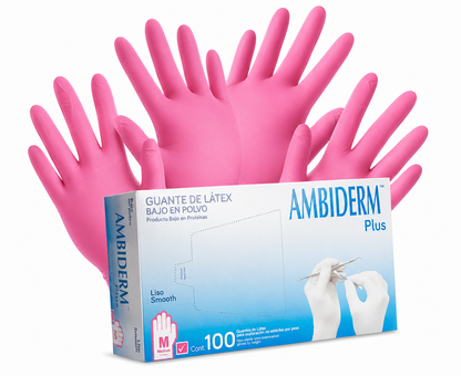 Ambiderm Guantes Plus Bajo en Polvo Color Rosa Mediano | Caja con 100 Piezas Ajuste Cómodo y Protección