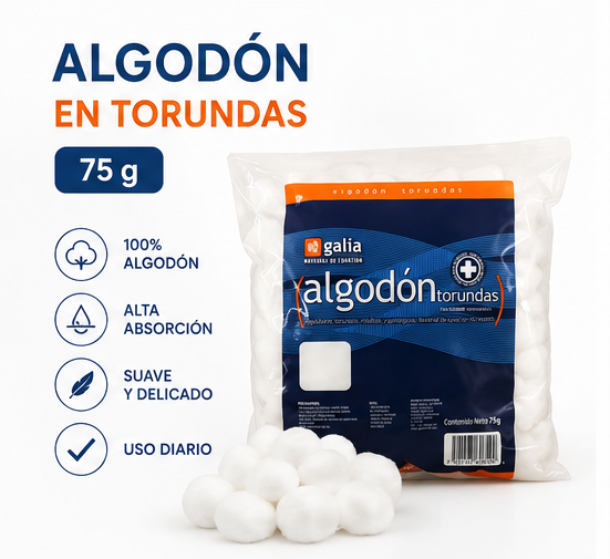 Galia Algodón en Torundas 75 g de Alta Pureza Suave y Absorbente