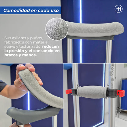 Muletas de aluminio ajustables para niño, joven o adulto, soportan hasta 120 KG por su estructura de alta resistencia Marca Handy