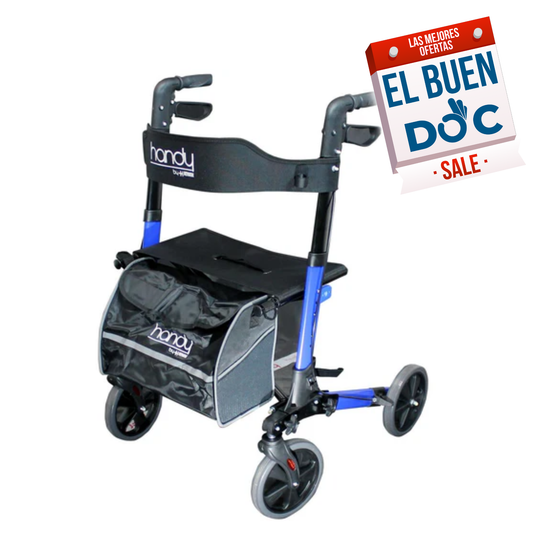Andadera Plegable con Ruedas, Asiento y Respaldo, Porta Bastón y Ajuste de Altura / Marca Handy