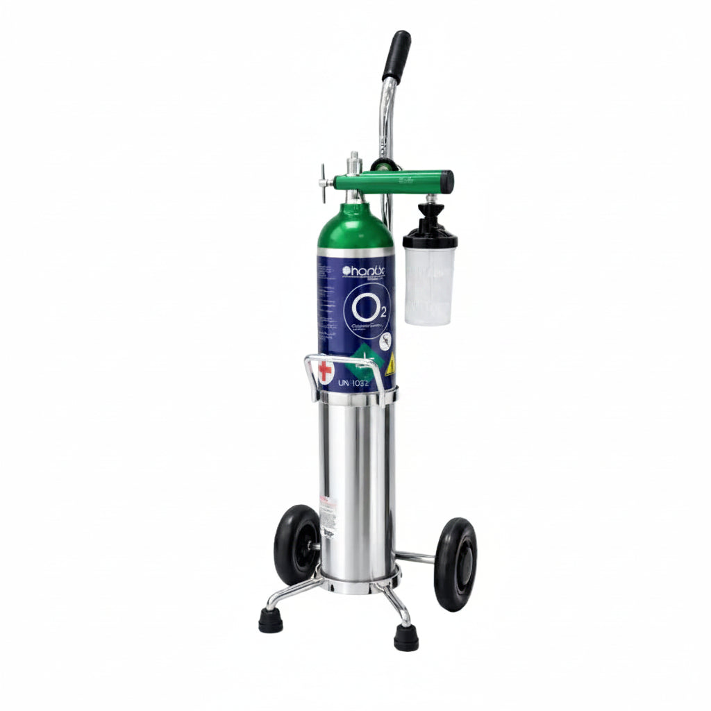 Tanque de oxígeno de 680 LTS, con accesorios, regulador, puntas nasales para adulto, vaso humidifcador y carro porta tanque - Marca Handy