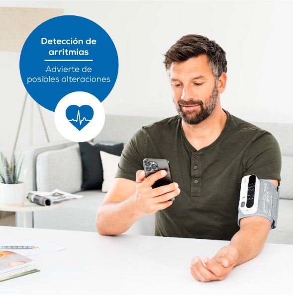 Baumanómetro digital de brazo recargable con indicador de riesgo LED, detección de arritmias, ideal para brazo de 22-42 cm con conexión bluetooth