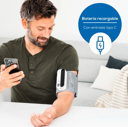 Baumanómetro digital de brazo recargable con indicador de riesgo LED, detección de arritmias, ideal para brazo de 22-42 cm con conexión bluetooth