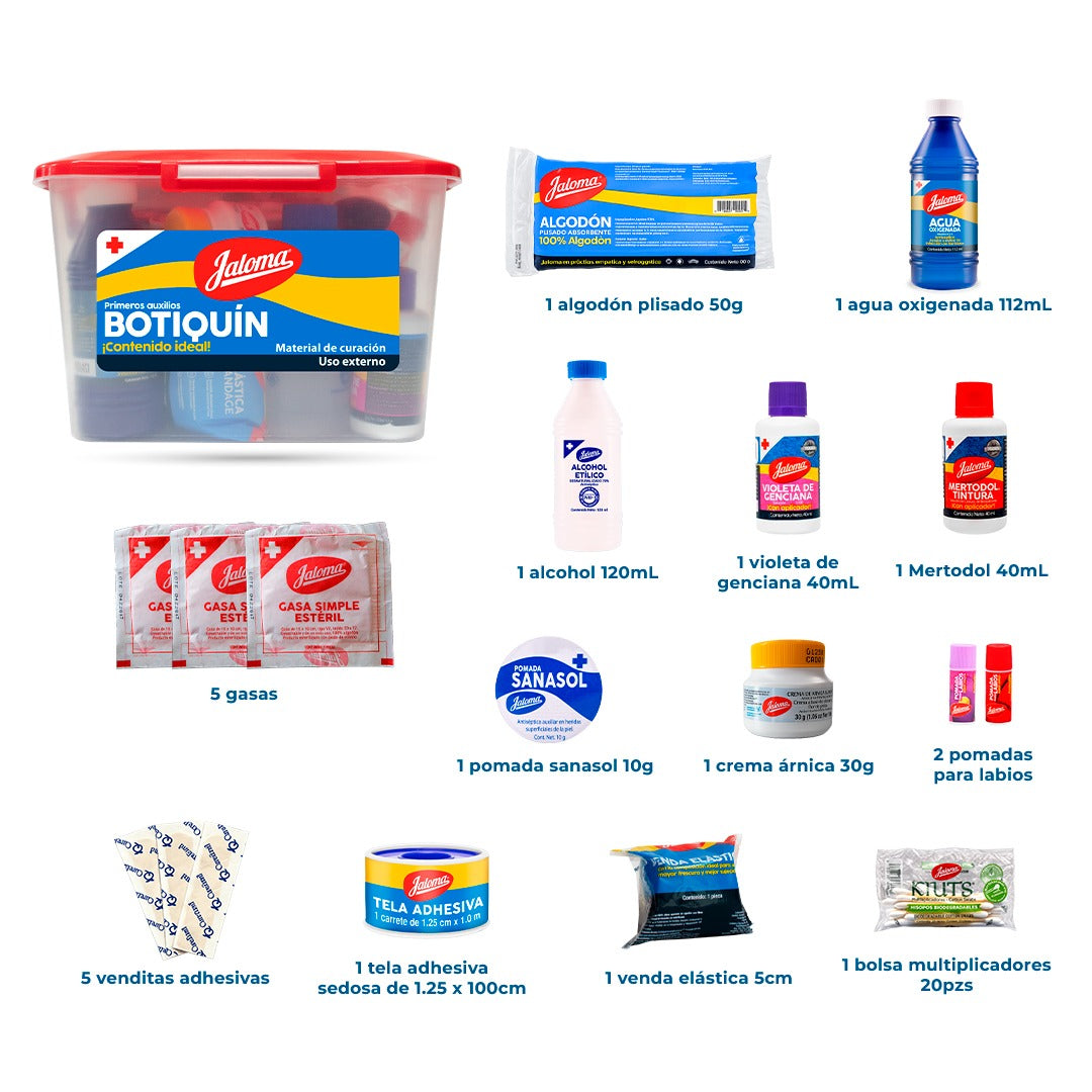 Botiquín de Primeros Auxilios con Caja Plástica Reutilizable Jaloma | Completo y Listo para Emergencias