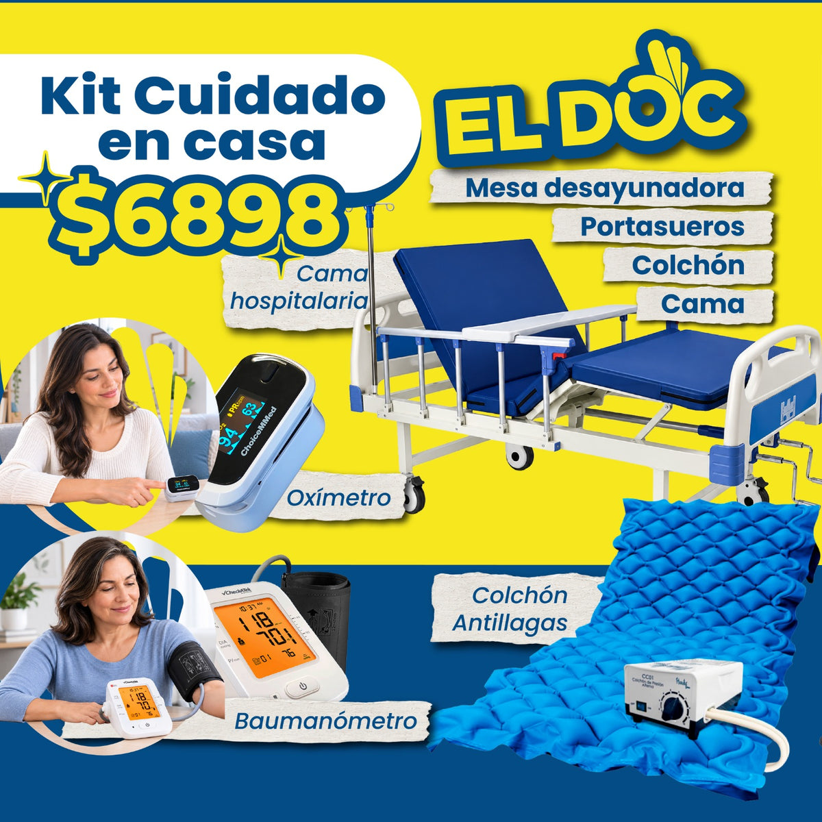 Kit cuidado en casa, Cama + Colchón antillagas + Oximetro+ Medidor de presión, Handy