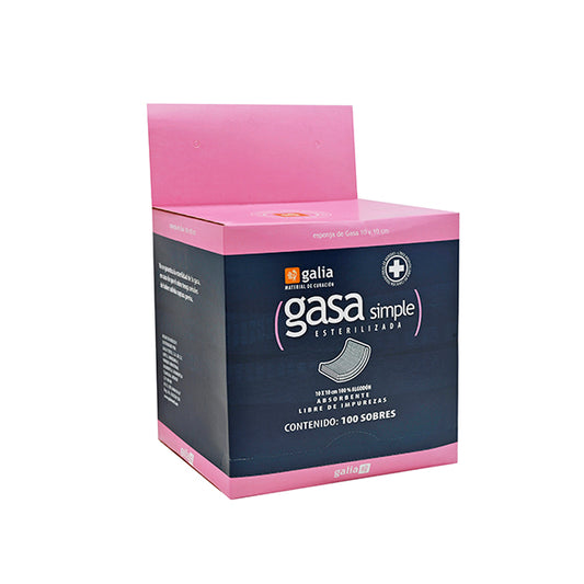 Gasa Simple Esterilizada 10 x 10 cm, caja con 100 sobres Marca Galia