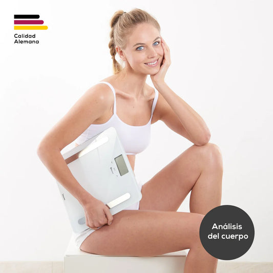 Báscula Bluetooth con Memoria Hasta para 8 Usuarios, Análisis Corporal de Cuerpo Completo, Mide IMC, Grasa, Agua, Masa Muscular, Masa Ósea e Indicación de Calorías BMR / Marca Beurer