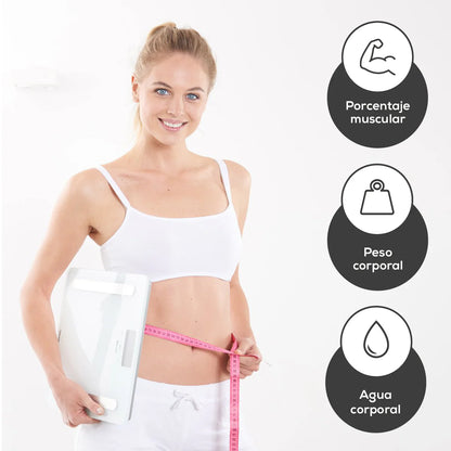 Báscula Bluetooth con Memoria Hasta para 8 Usuarios, Análisis Corporal de Cuerpo Completo, Mide IMC, Grasa, Agua, Masa Muscular, Masa Ósea e Indicación de Calorías BMR / Marca Beurer