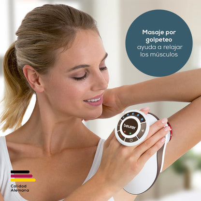 Masajeador por golpeteo con 5 niveles de intensidad, Batería de litio de alto rendimiento y 4 cabezas intercambiables Marca Beurer