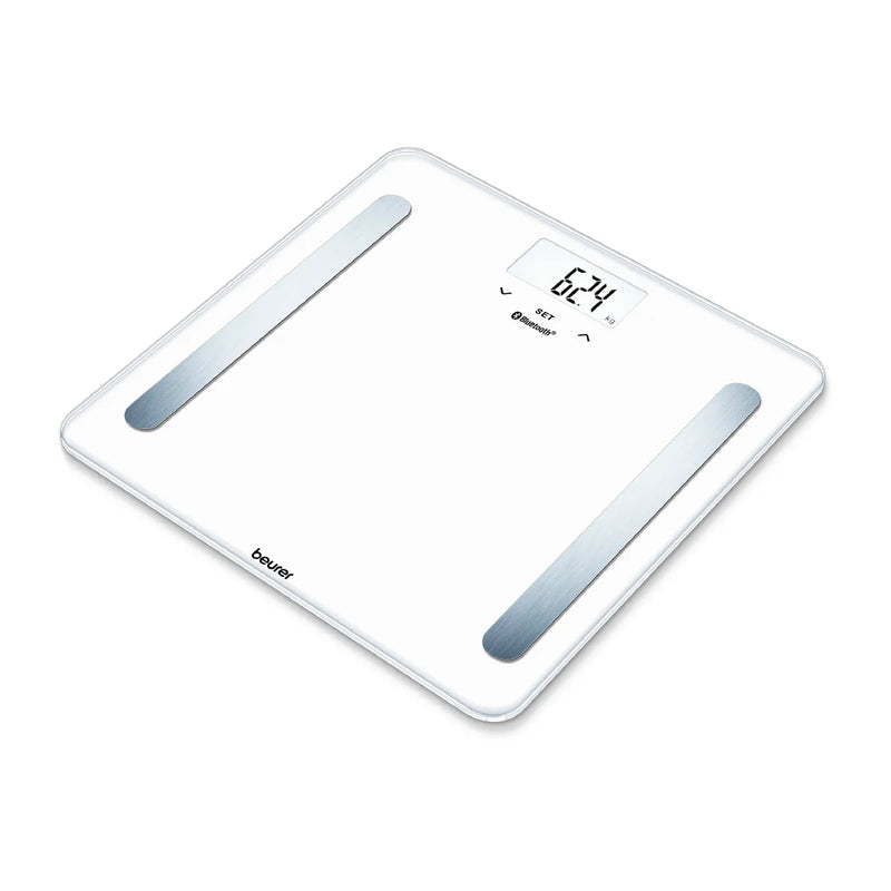 Báscula Bluetooth con Memoria Hasta para 8 Usuarios, Análisis Corporal de Cuerpo Completo, Mide IMC, Grasa, Agua, Masa Muscular, Masa Ósea e Indicación de Calorías BMR / Marca Beurer