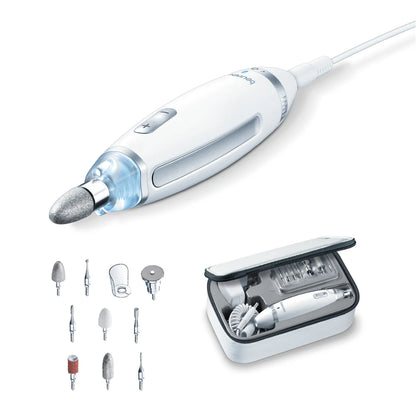 Set de manicura y pedicura profesional recargable con luz LED, incluye 10 accesorios de acero inoxidable y estuche Marca Beurer