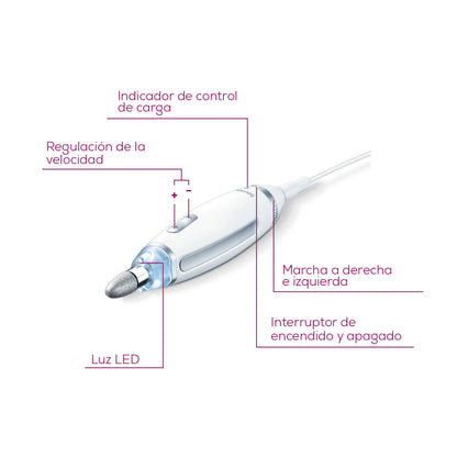 Set de manicura y pedicura profesional recargable con luz LED, incluye 10 accesorios de acero inoxidable y estuche Marca Beurer