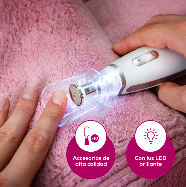 Set de manicura y pedicura profesional recargable con luz LED, incluye 10 accesorios de acero inoxidable y estuche Marca Beurer