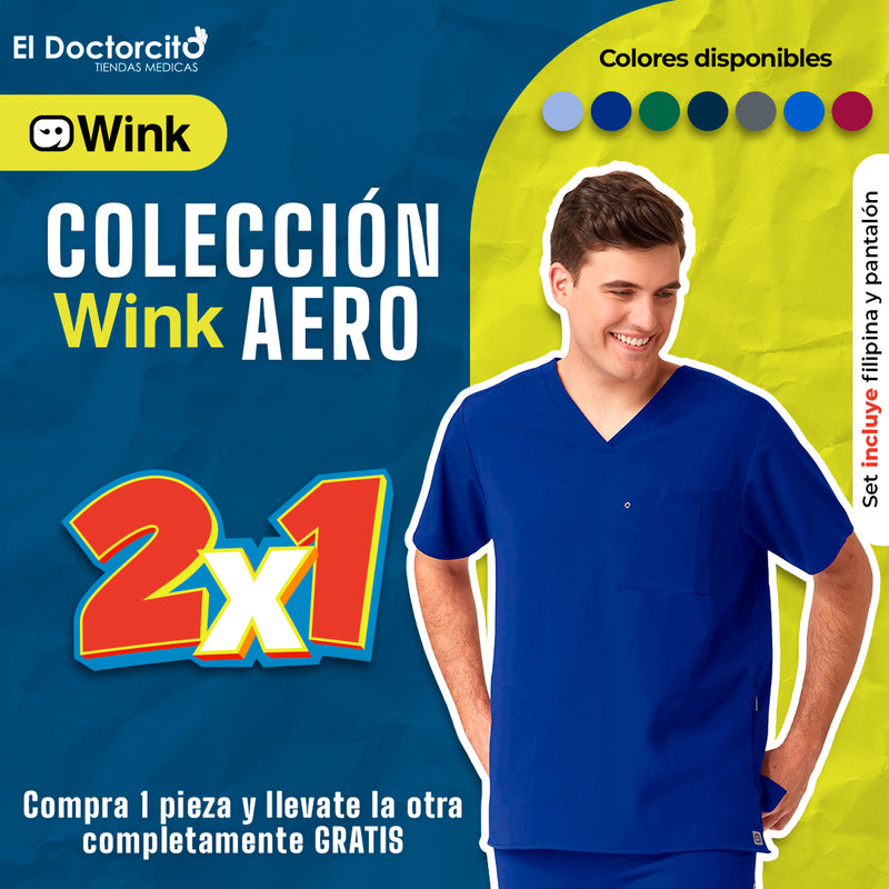 2X1 Set Uniforme Quirúrgico de Filipina Médica con Cuello V + Pantalón con Panel de Punto para Hombre - Marca Wink Aero